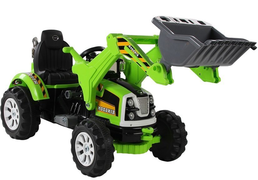 Elektrische Fahrt auf Traktor mit Schaufelbagger Grün