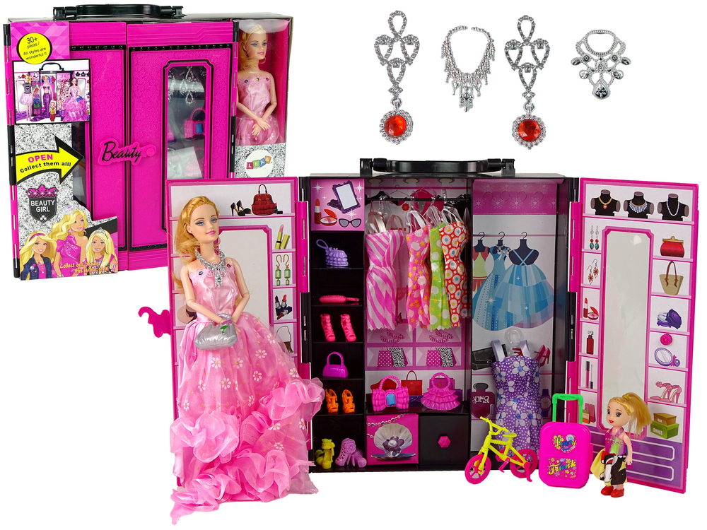 Puppe mit Kleiderschrank  Garderobe für Puppen Im Beauty-Girl-Koffer