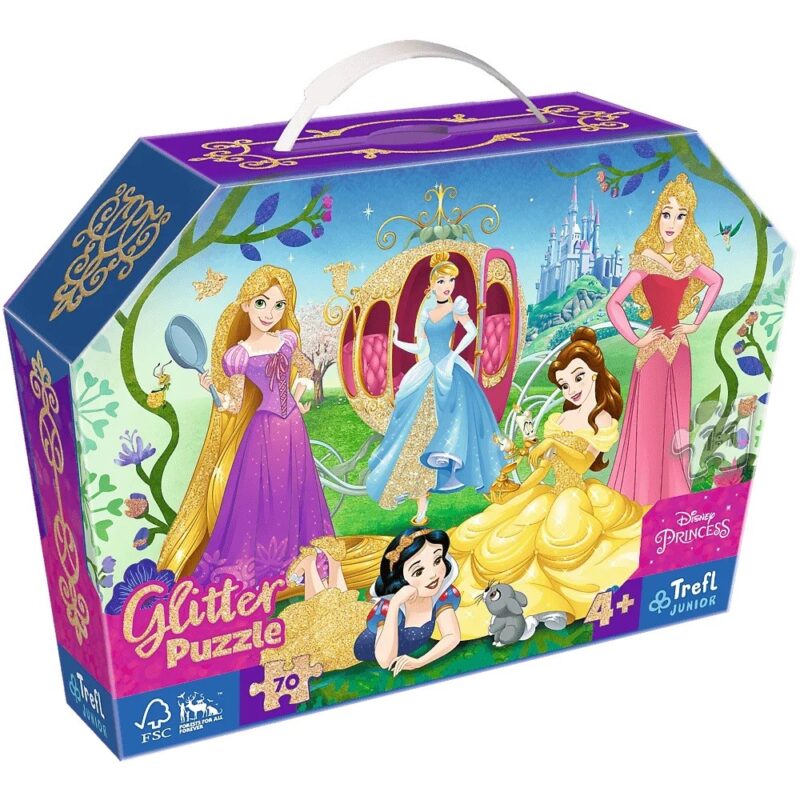 Puzzle 70 elementów glitter w kuferku Wesołe Księżniczki Disneya