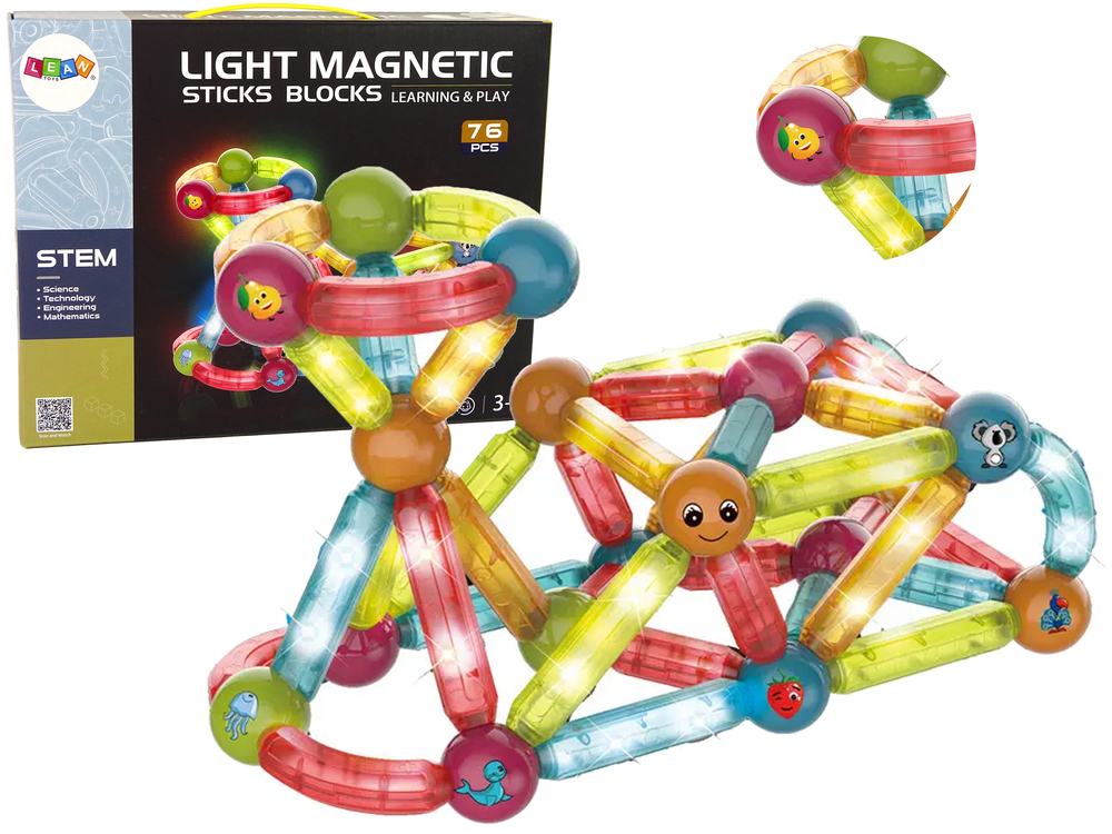Świecące Klocki Magnetyczne Edukacyjne Zestaw 76 Elementów